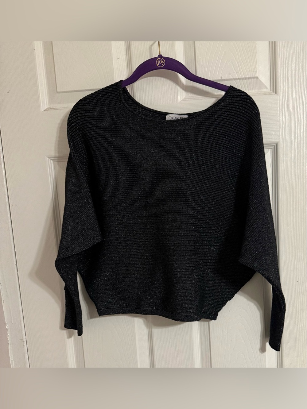 Carmen Marc Valvo Black Ribbed Crewneck Sweater